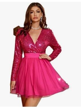 Double Crazy Surplice Neck Mesh Hem Sequins Cocktail Dress Large
